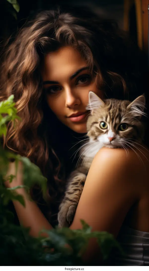 Portrait of a young woman with a cat