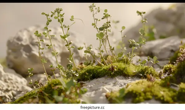 Green Moss and Plants Growing On Rocks
