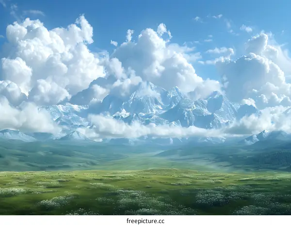 Green Grass Field With Mountain And Blue Sky