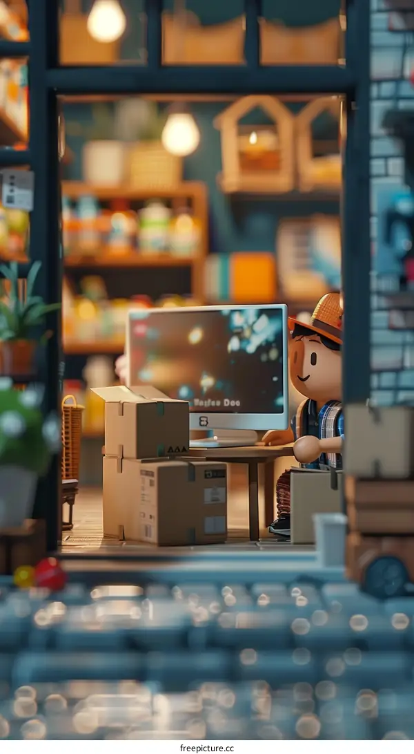 A 3D illustration of a person sitting in a room and working on a computer.