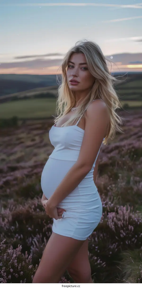 Serene Expectant Mother Embraces Nature's Beauty at Sunset