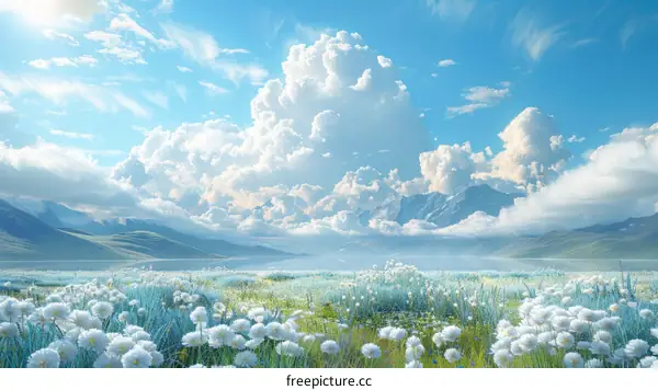 Tranquil Mountain Meadow Landscape with White Flowers