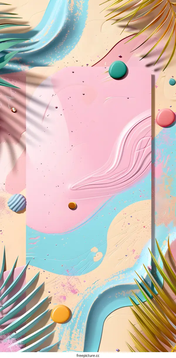 Abstract Summer Background with Tropical Leaves and Colorful Shapes