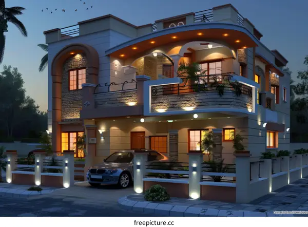 Modern House in a Suburban Area at Twilight