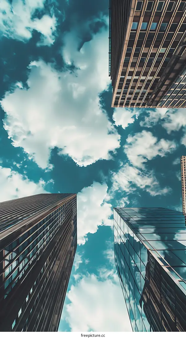 Looking Up at Skyscrapers Against a Blue Sky with Clouds
