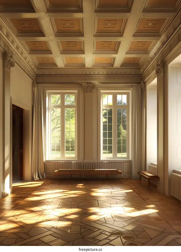 Classic Interior Design With White Walls, Wood Floor, And Large Windows