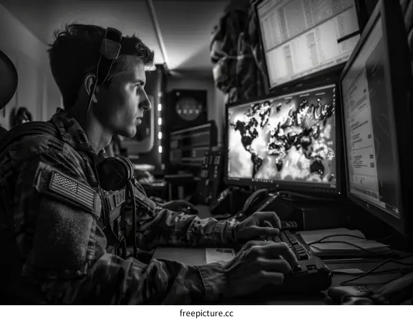 A soldier wearing headphones sits at a computer desk and types on a keyboard while looking at a world map on the screen.