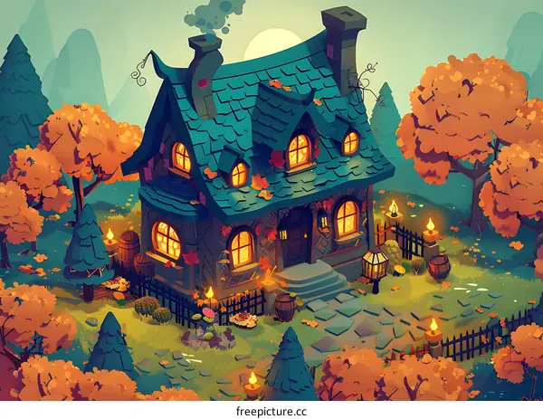 Autumn Cottage with Warm Lights in the Forest