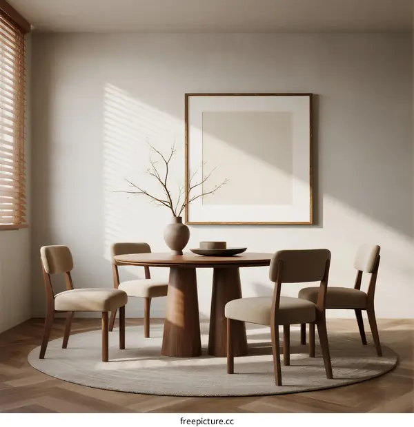 Modern Round Dining Table with Beige Chairs and Abstract Wall Art