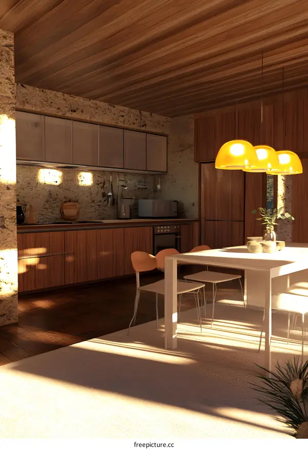 Modern Kitchen Interior Design with Wooden Cabinets and a Large Dining Table