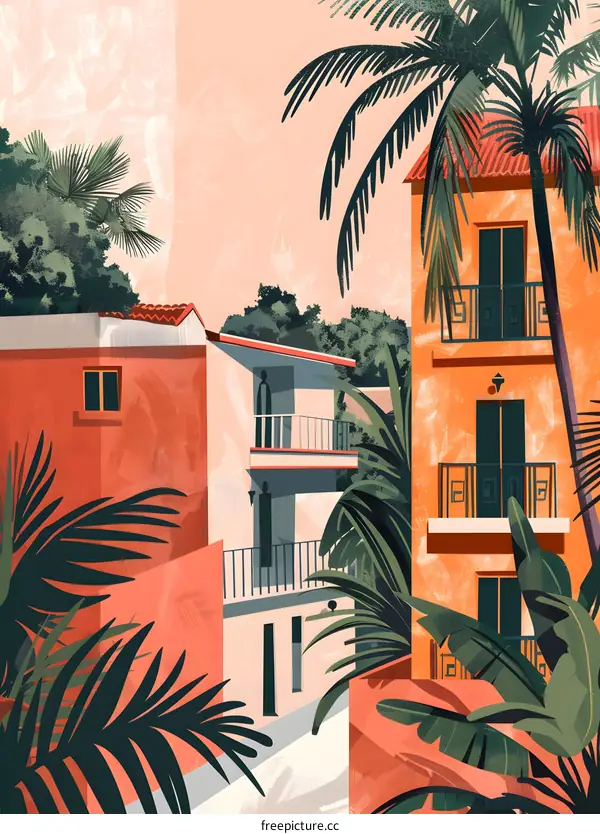 Tropical Minimalist Illustration of Orange and White Buildings with Palm Trees