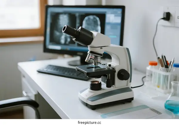 Microscope on lab desk with medical scan in background