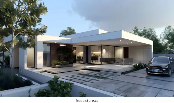 Modern House Exterior Design With Landscaping And Car