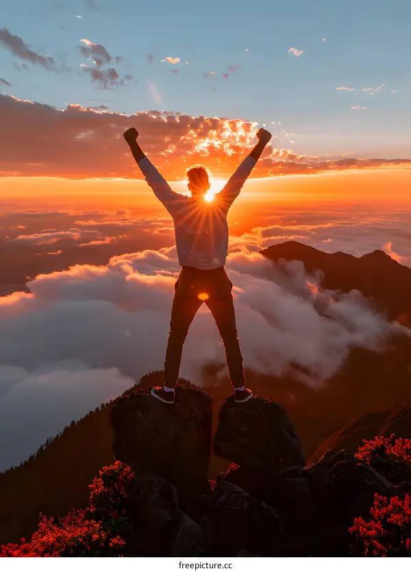 Man Standing On Mountain Peak With Arms Raised During Sunset