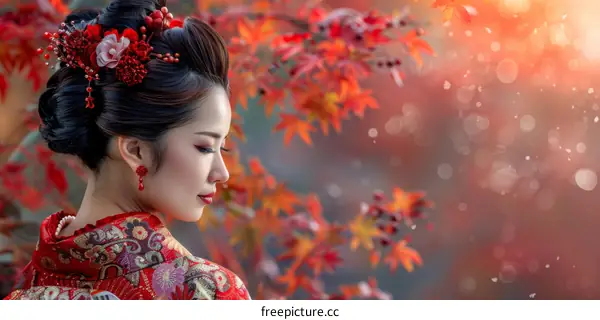 A beautiful Japanese woman wearing a kimono in a field of red maple leaves.