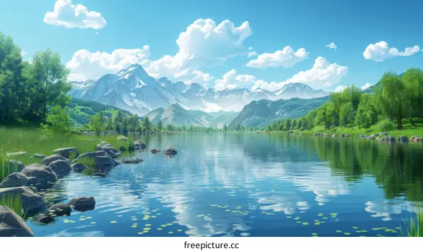 Serene Mountain Lake Landscape with Lush Trees