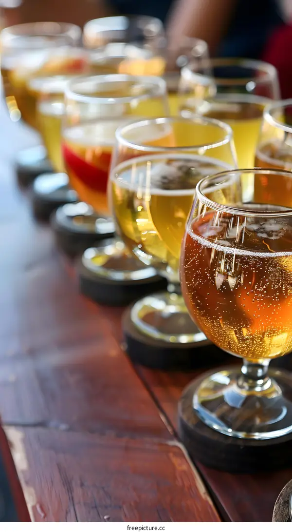 Close Up Of A Row Of Glasses Of Beer On A Wooden Table