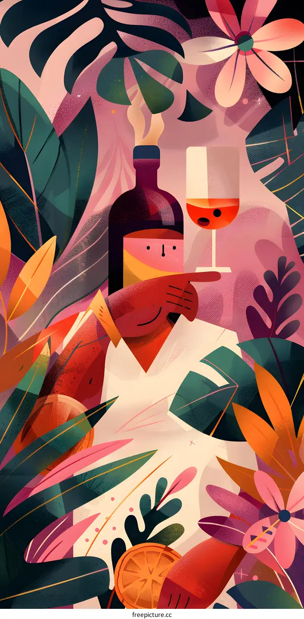 Tropical Illustration of a Person Enjoying a Drink with Plants and Flowers
