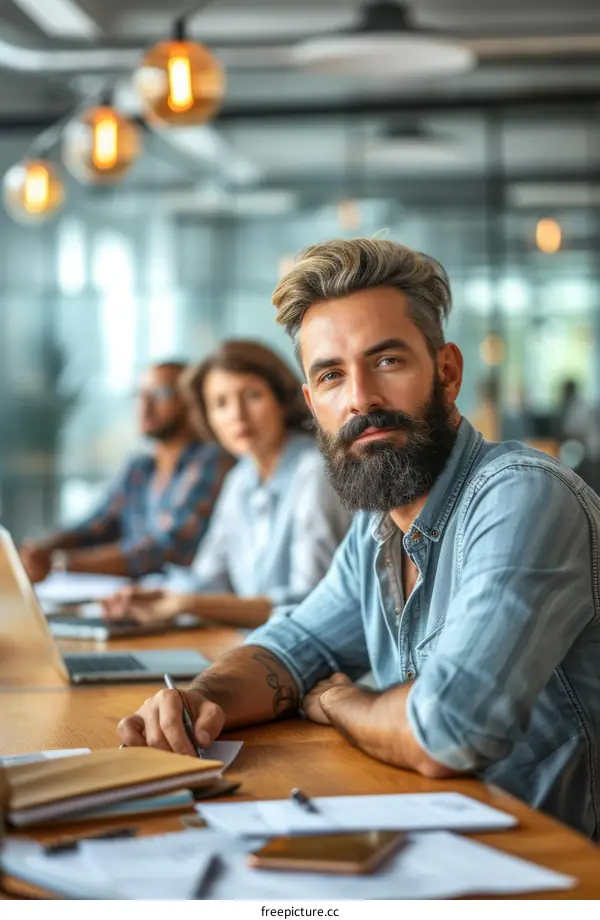 Bearded man in blue shirt sitting at a table with two people in the background