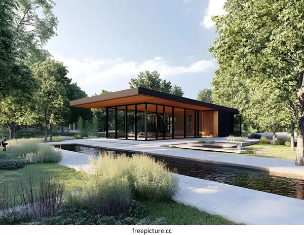 Modern Minimalist Pavilion with Pond and Lush Greenery