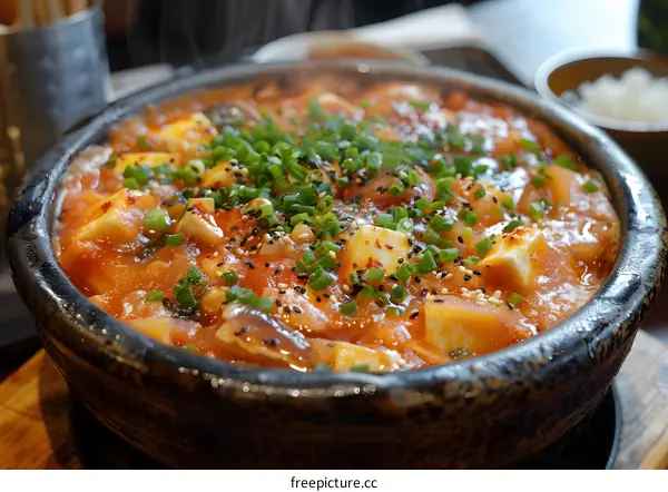 Spicy Tofu Soup in a Black Bowl
