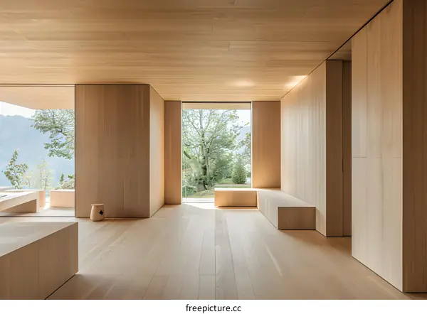 Modern Minimalist Wooden Interior Design Room With Large Window