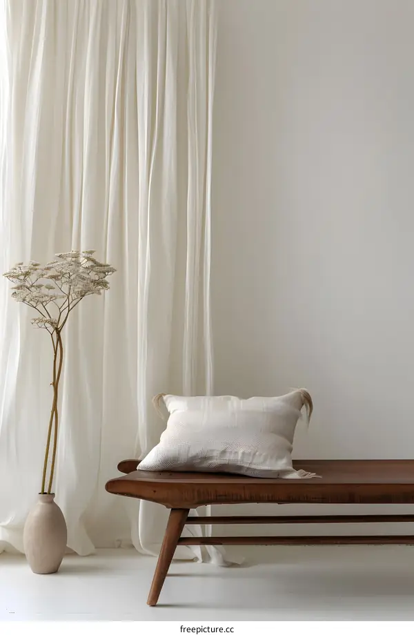Minimalist White Curtain and Wooden Bench with Dried Flower