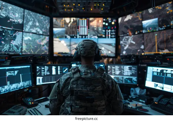 Soldier Surrounded By Screens In Military Control Room With Techno
