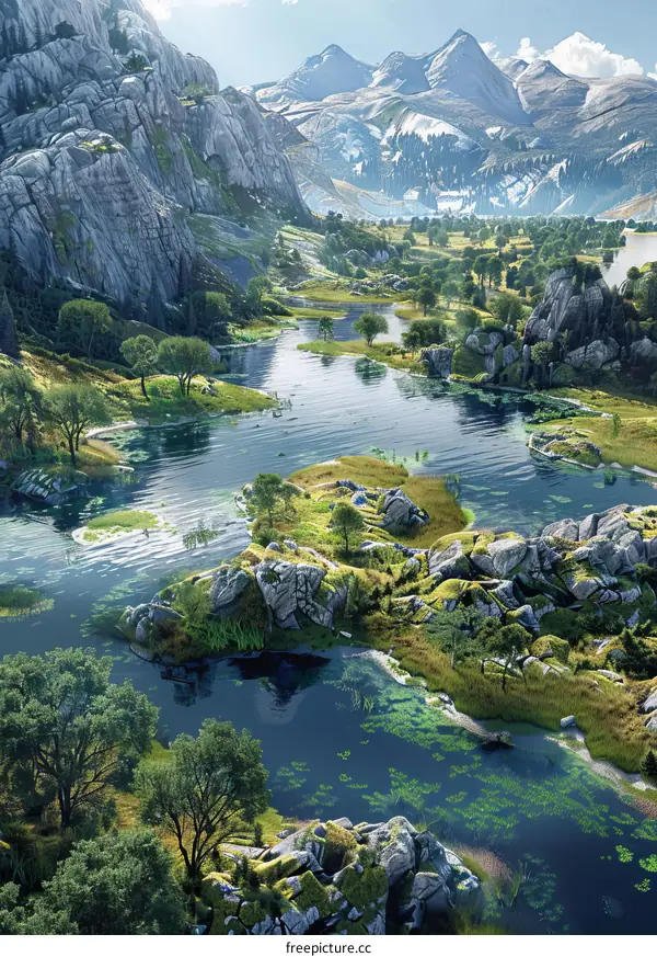 Fantasy Landscape with Azure Lake and Majestic Mountains