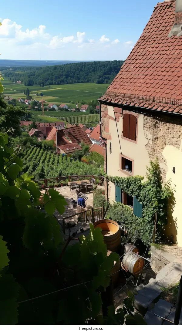 A Vineyard in Germany with a View of the Vineyards and a Barrel in the Corner
