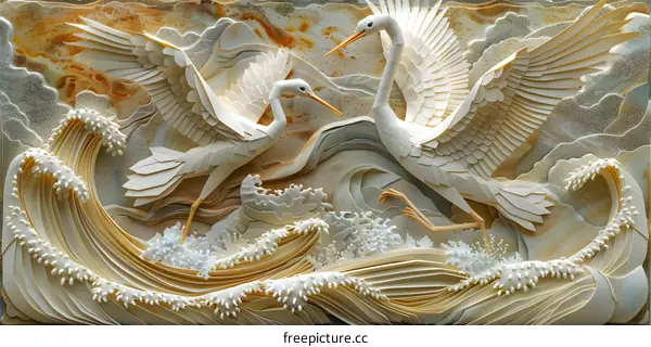 Two white paper cranes flying over a sea of marble waves