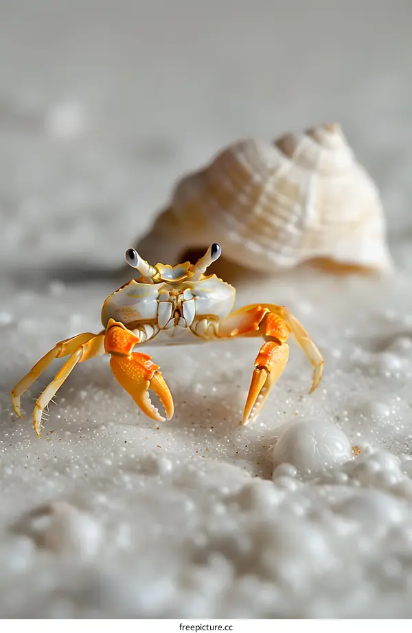 A small crab on the beach with a seashell in the background