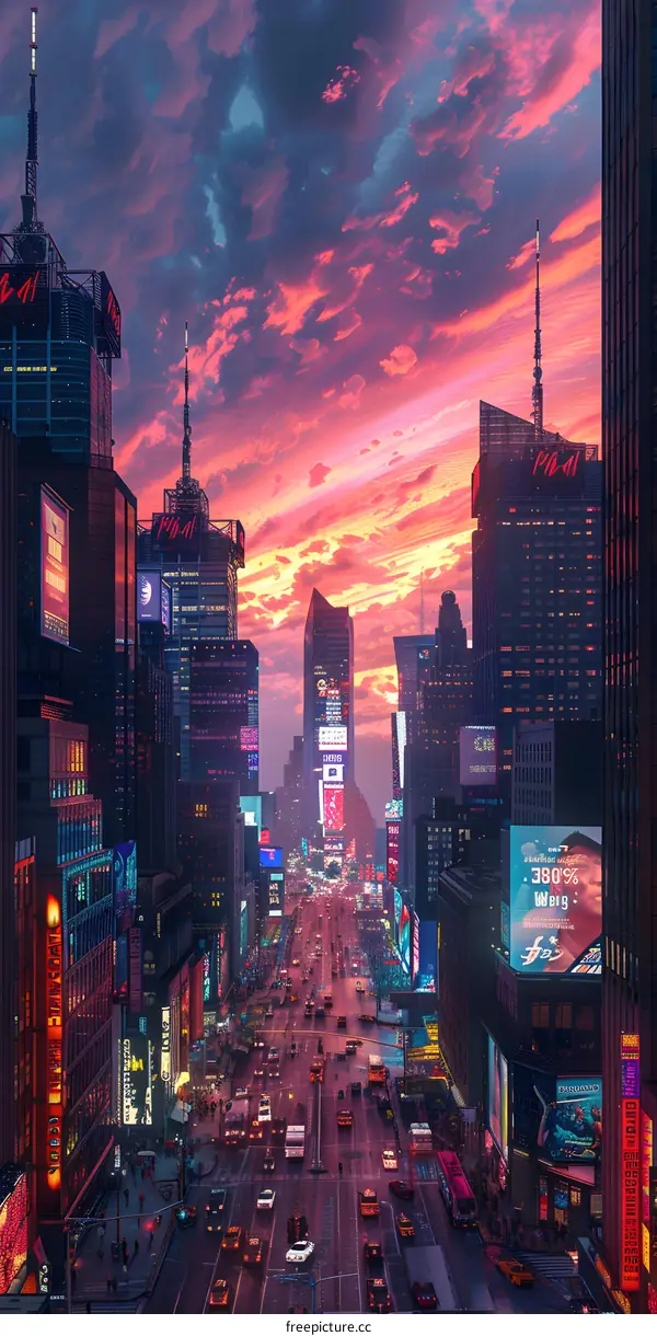 Times Square in New York City at sunset