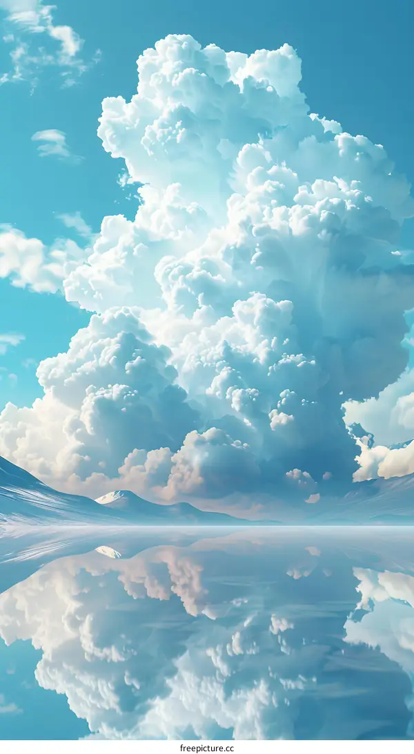 Stunning Cumulus Clouds Over Calm Lake With Snowcapped Mountains in Background