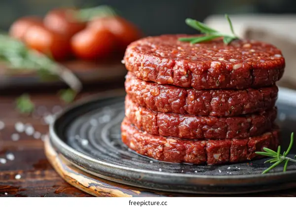 Four raw hamburger patties on a plate