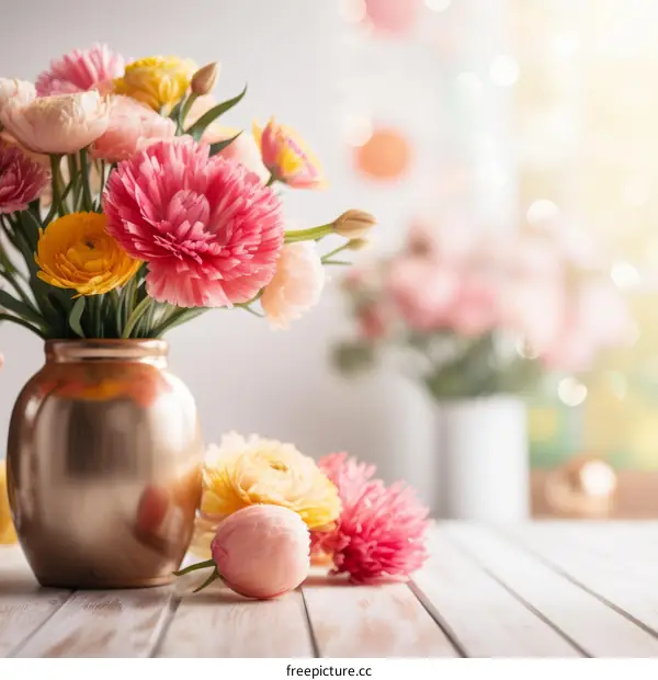 Pink and yellow flowers in a golden vase on a white table