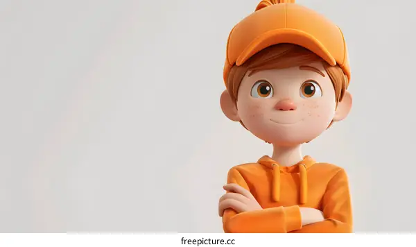 3D cartoon character of a boy wearing an orange hat and hoodie