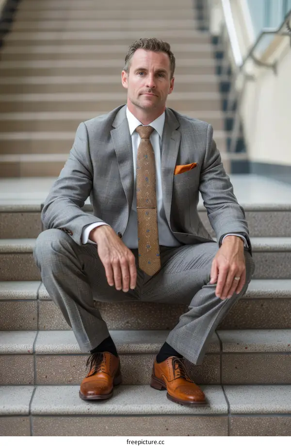 A man in a suit is sitting on the stairs.