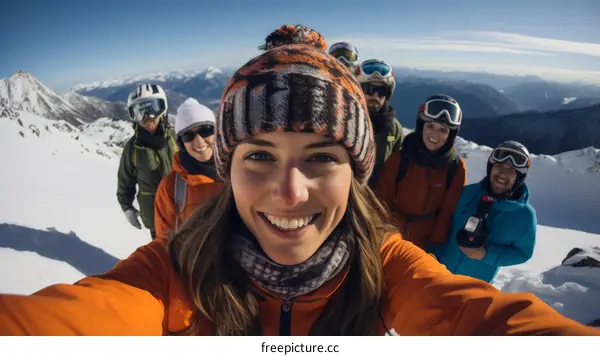 A group of friends skiing down a snowy mountain