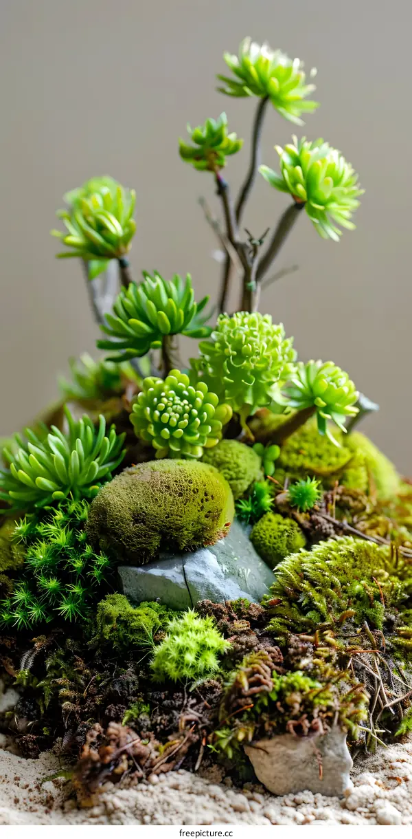 Green Succulents and Moss Arrangement on Stone and Sand