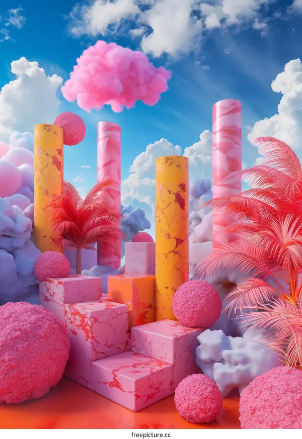 Pink and blue surreal landscape with clouds, palm trees, and pink podiums