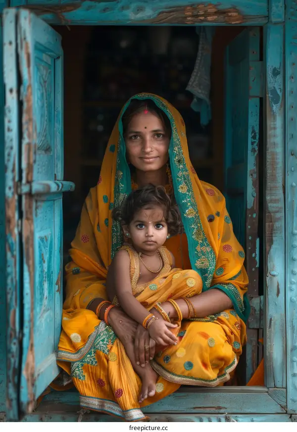 Indian Mother and Child in Traditional Dress