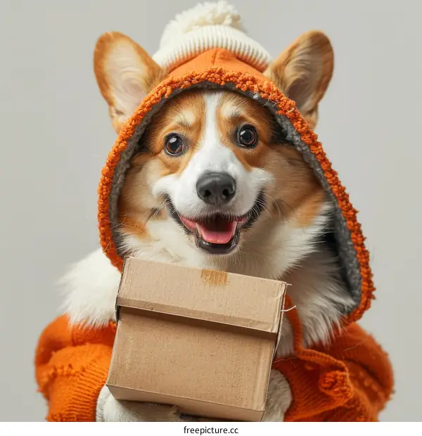 A cute corgi dog wearing a winter hat and holding a cardboard box in its paws