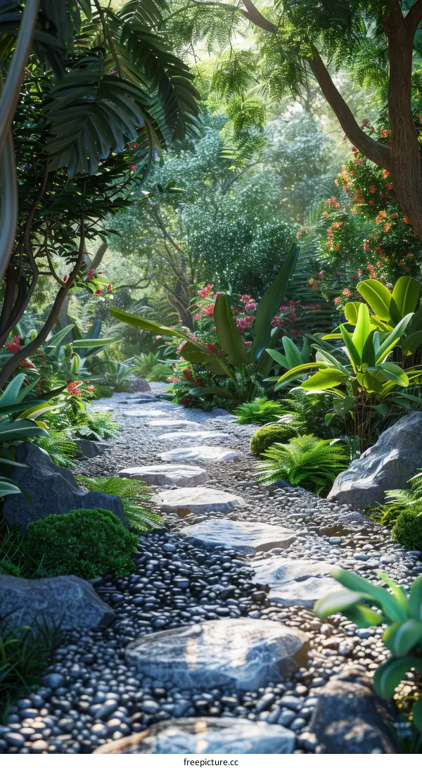 Stone Path Through Lush Tropical Rainforest
