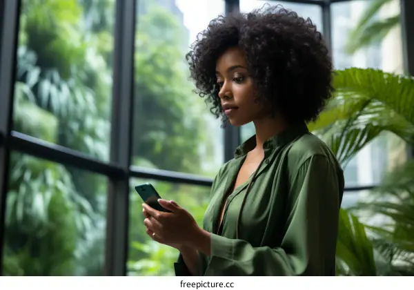 A young woman of African descent is looking at her phone in a green room