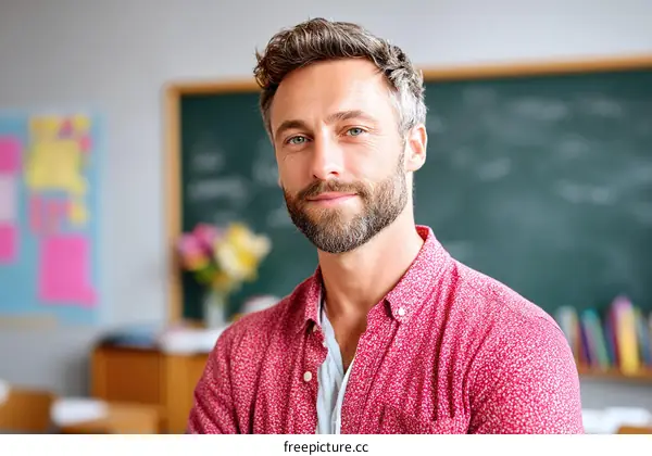 Portrait of a Caucasian Male Teacher in a Classroom