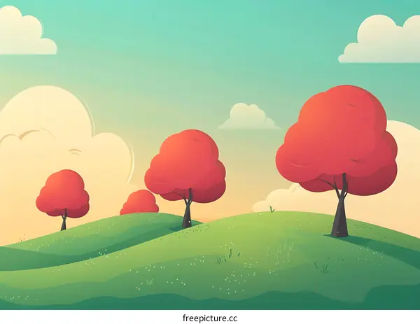 Cartoon Landscape with Red Trees on Green Hills and Blue Sky