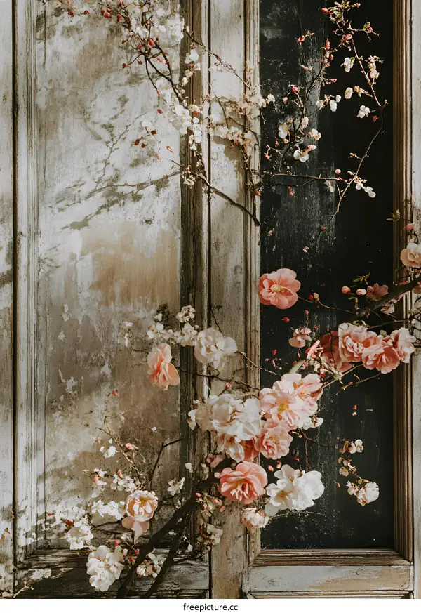 Pink Flowers Blooming On Weathered Wood Panel Door