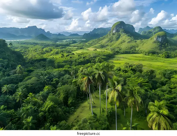 Aerial View of Lush Green Forest and Palm Trees in a Valley