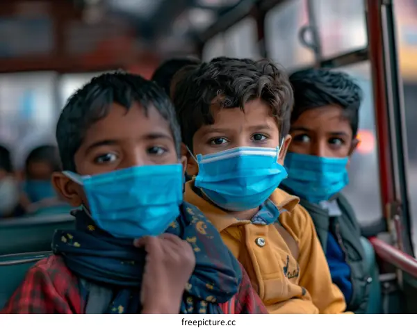 Three Indian boys wearing surgical masks on a bus